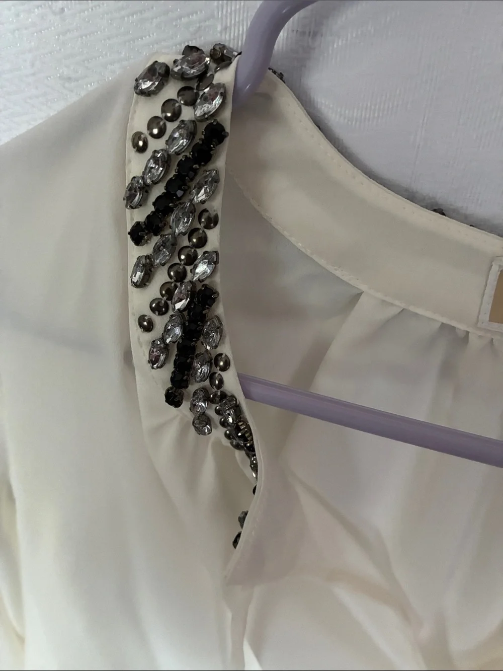 Michael Kors Cream Beaded-Collar Long Sleeve Blouse